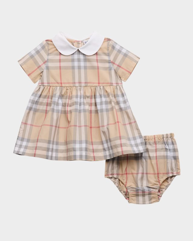 Girl's Geraldine Cotton Poplin Check Dress & Bloomers, Size Newborn-18M